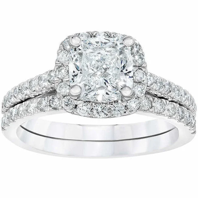 Shell splinter ring-2.25 cttw Cushion Halo Diamond Engagement Wedding Ring Set 14k White Gold