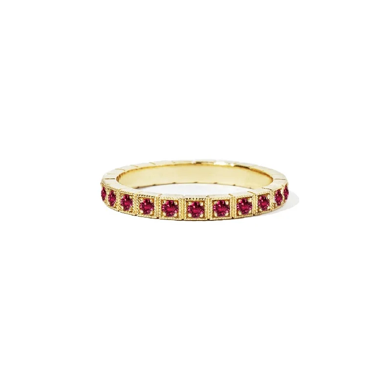 Gritty grain ring-2mm Notched Deco Ruby Eternity Ring