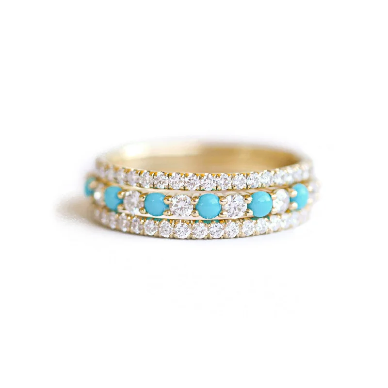 Pine sprig ring-2mm Turquoise & Diamond Shared Prong Stacking Ring Set