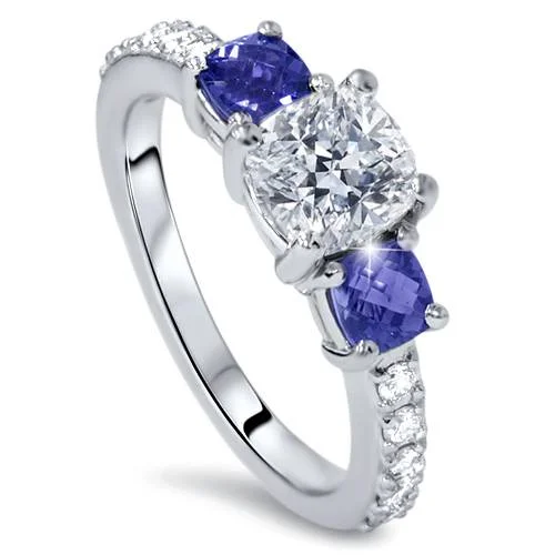 Creek pebble ring-3.25ct Cushion Diamond & Treated Blue Sapphire Engagement Ring 14k Enhanced