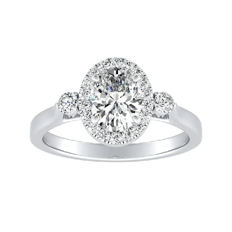 Smooth pebble ring-3-stone Halo Oval Diamond Engagement Ring 1/2ctw 18k Gold by Auriya (H-I, SI1-SI2)