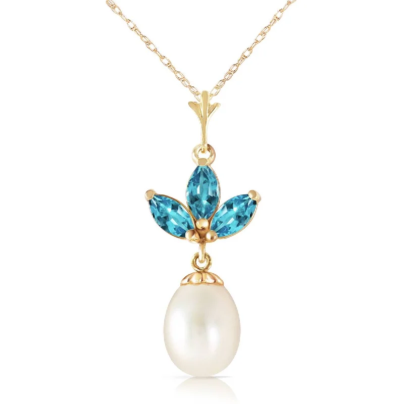 Fluid stripe necklace-4.75 Carat 14K Solid Yellow Gold Necklace Pearl Blue Topaz