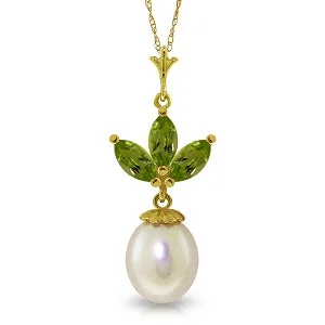 Blended texture necklace-4.75 Carat 14K Solid Yellow Gold Necklace Pearl Peridot