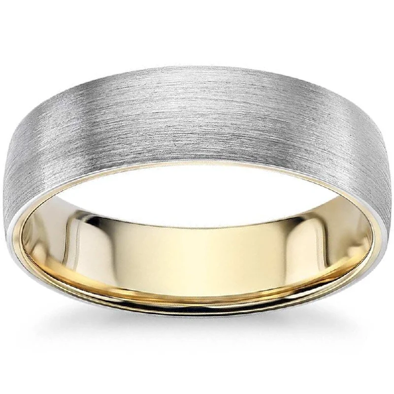 Flex clasp ring-5mm Two Tone 10k White & Yellow Gold Mens Brushed Wedding Band