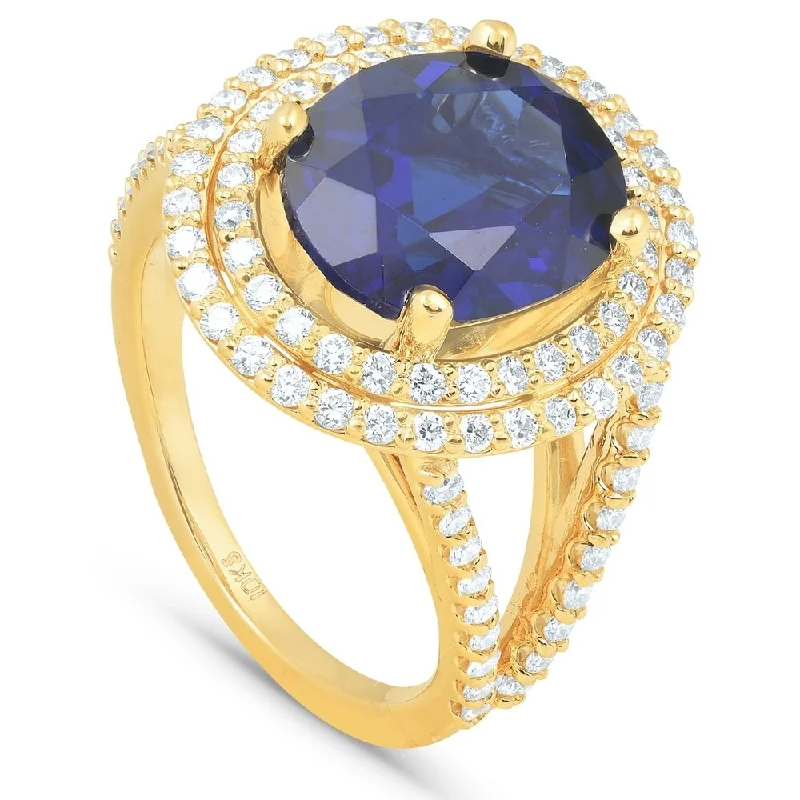 Tulip bud ring-6 1/5ct Huge Diamond Oval Blue Sapphire Diamond Double Halo Ring Yellow Gold