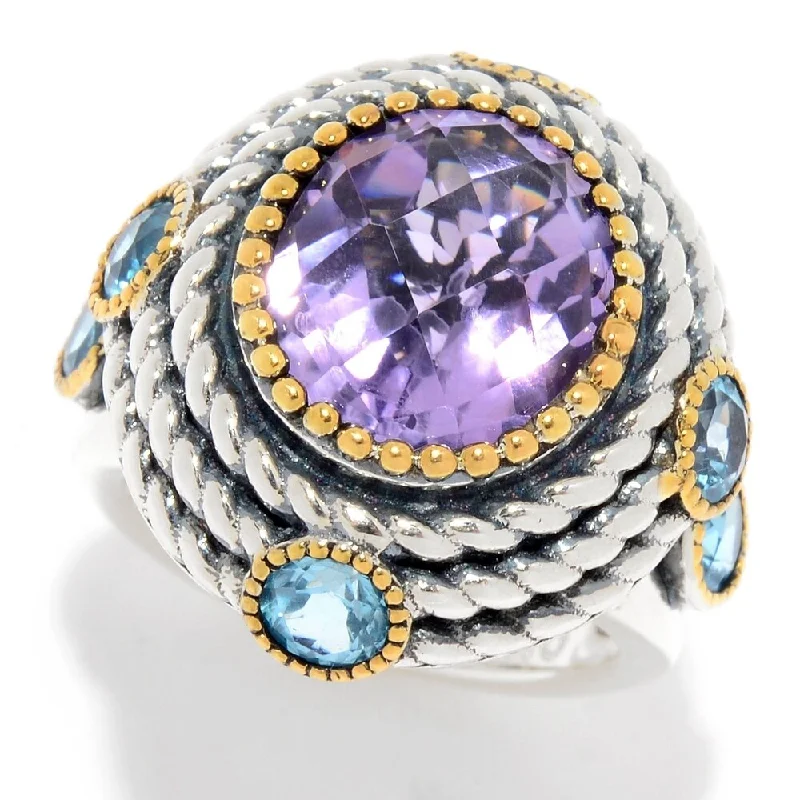 Rye stalk ring-6.80ctw Pink Amethyst & Swiss Blue Topaz Halo Ring