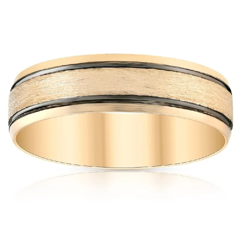 Maple grain ring-6mm 10k Yellow Gold Mens Brushed Black Inlay Wedding Band