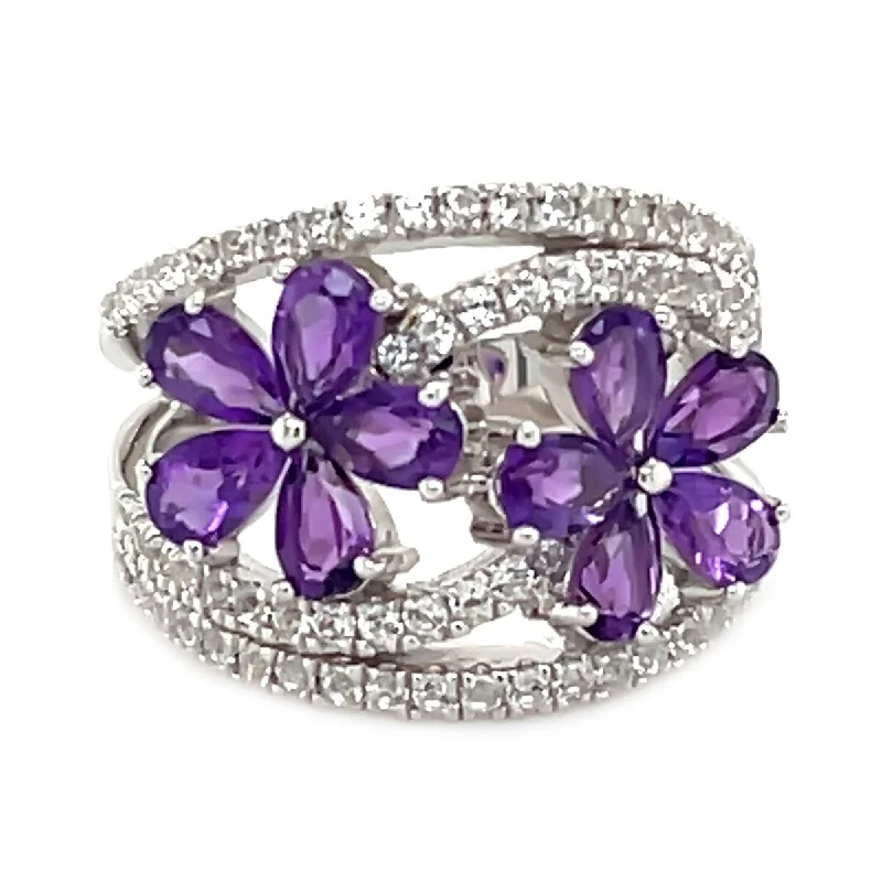 Silk band ring-925 Sterling Silver African Amethyst and Created White Sapphire Gemstone Flower Ring