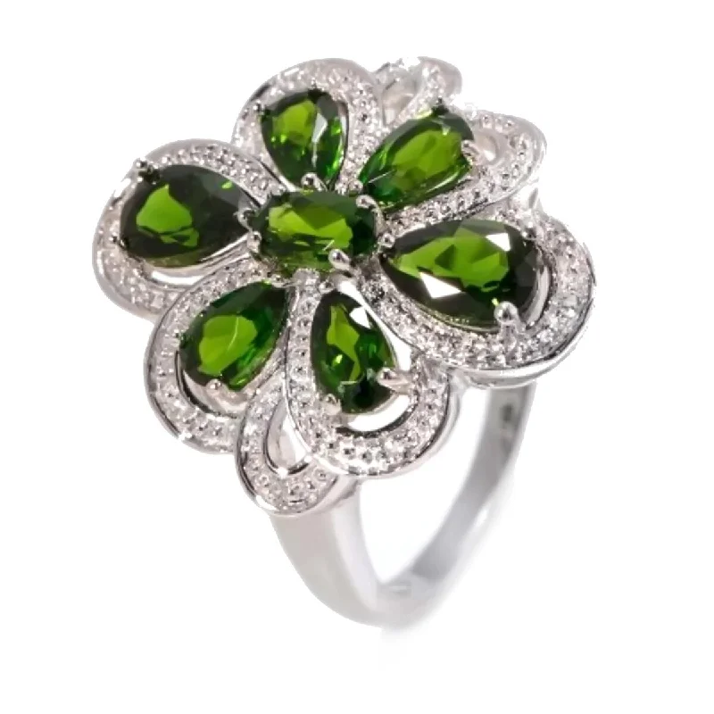 Tarragon leaf ring-925 Sterling Silver Chrome Diopside and Diamond Gemstone Flower Ring