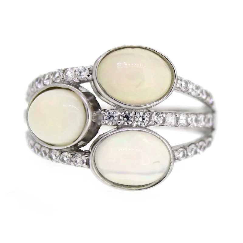 Antique twist ring-925 Sterling Silver Ethiopian Opal and White Natural Zircon 3-Stone Ring