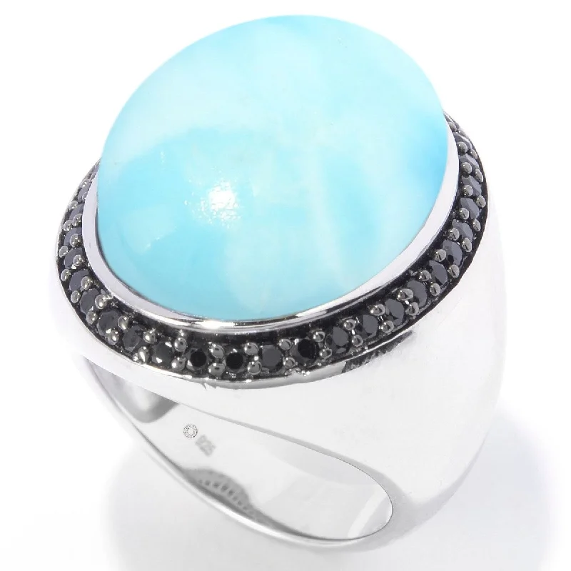 Check band ring-925 Sterling Silver Larimar and Black Spinel Ring