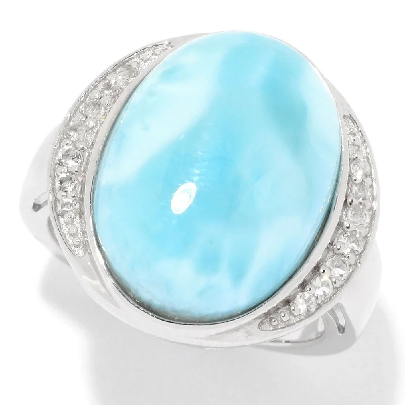 Smooth pebble ring-925 Sterling Silver Larimar and White Topaz Ring