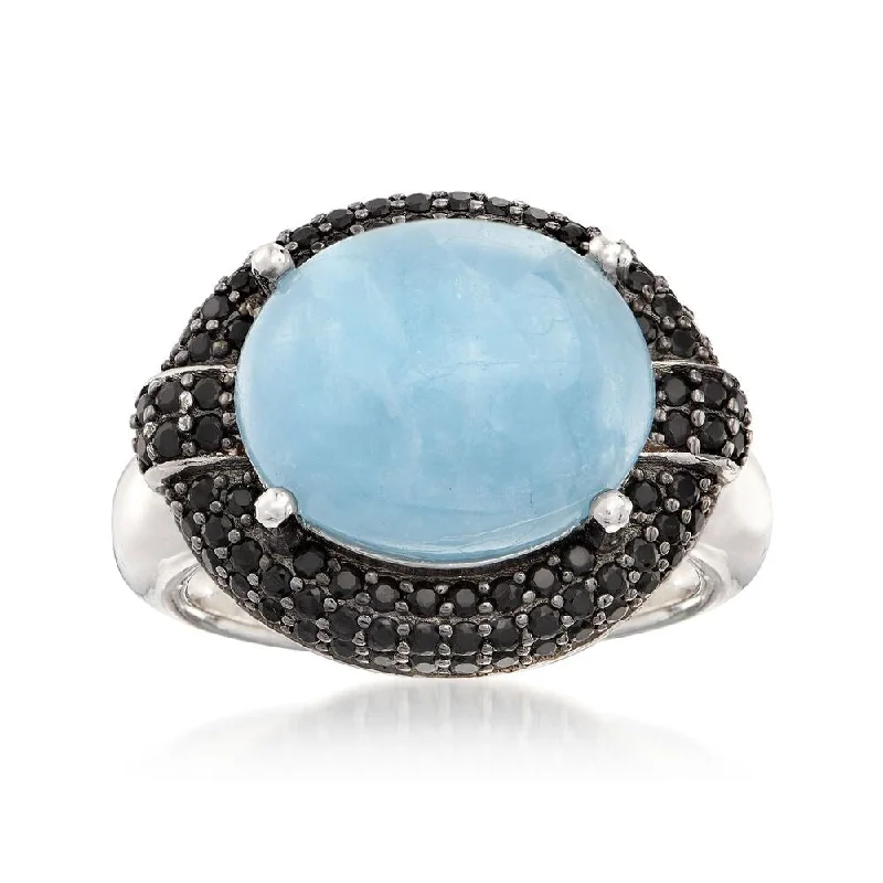 Tilted stone ring-925 Sterling Silver Milky Aquamarine and Black Spinel Ring