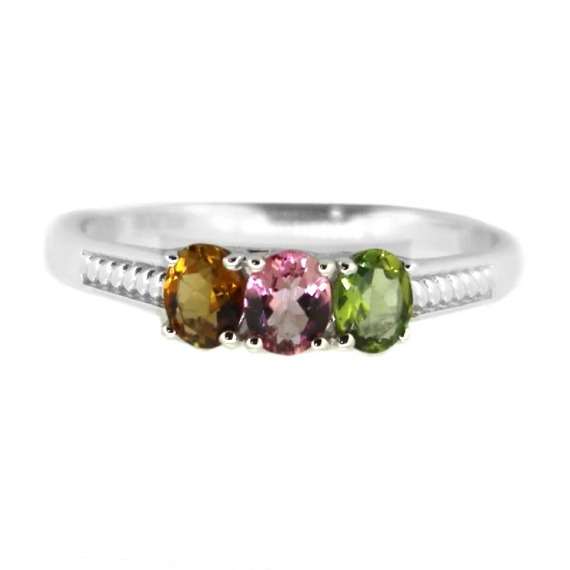 Sealed gem ring-925 Sterling Silver Mutli Color Tourmaline 3-Stone Ring