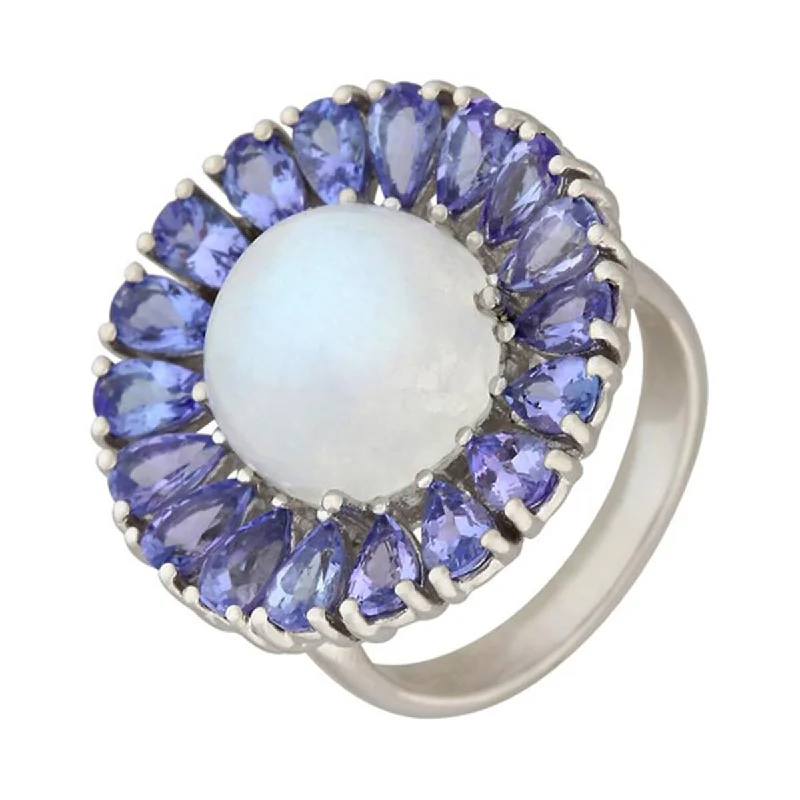 Turquoise vein ring-925 Sterling Silver Rainbow Moonstone and Tanzanite Ring