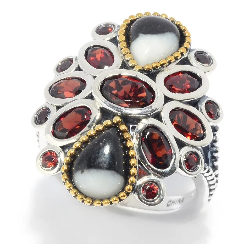 Nonagon gem ring-925 Sterling Silver Red Garnet and White Buffalo Ring