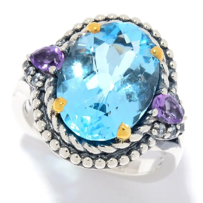 Tiered stone ring-925 Sterling Silver Sky Blue Topaz,Brazilian Amethyst,White Natural Zircon Ring