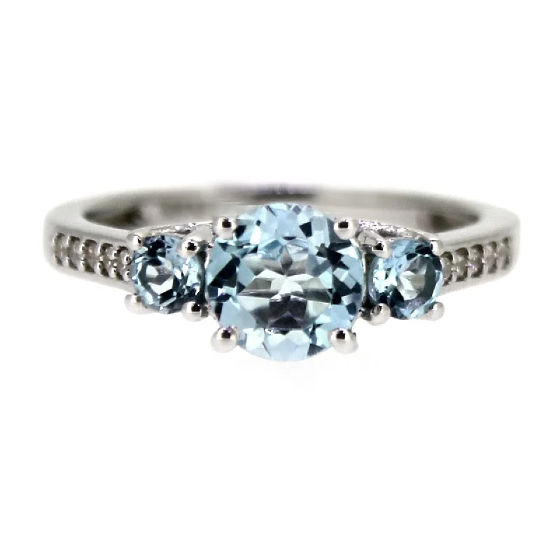 Spotted finish ring-925 Sterling Silver Sky Blue Topaz,White Natural Zircon 3-Stone Ring