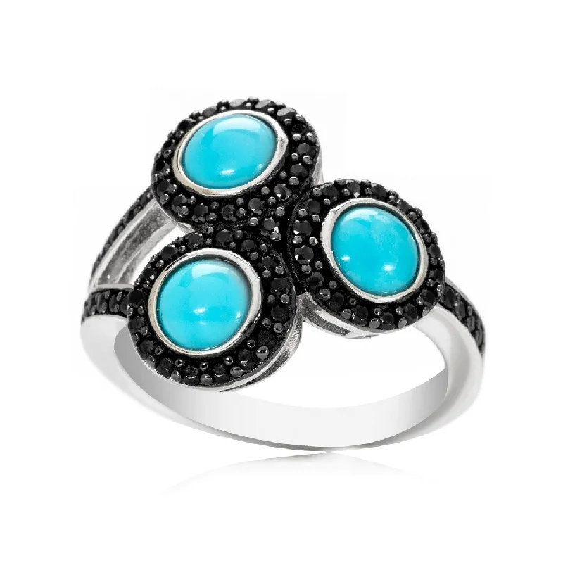 Coiled sprig ring-925 Sterling Silver Sleeping Beauty Turquoise and Black Spinel 3- Stone Ring