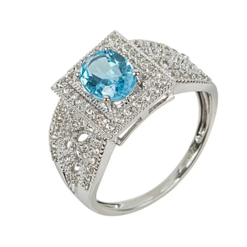 Outer gem ring-925 Sterling Silver Swiss Blue Topaz and White Natural Zircon Ring