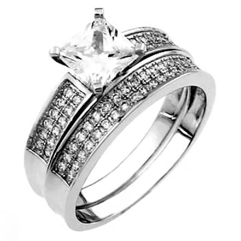 Vintage cut ring-Tristan: 9mm Princess Cut IOF CZ Pave Setting Engagement Ring Set 925 Silver