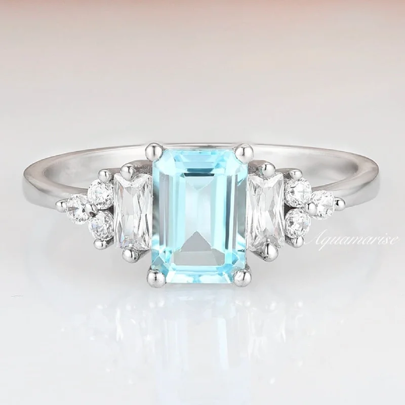 Wavy edge ring-Amelia Natural Aquamarine Engagement Ring- 14K White Gold