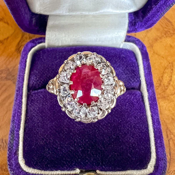 Stamped pattern ring-Antique Ruby (no heat) & Old Mine Cut Diamond Ring, 3.10ct.