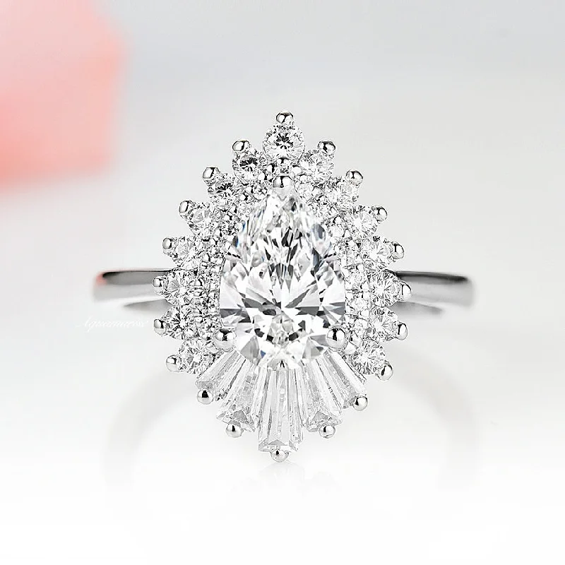 Birch wood ring-Art Deco Moissanite or Diamond Gatsby Engagement Ring- 14K White Gold