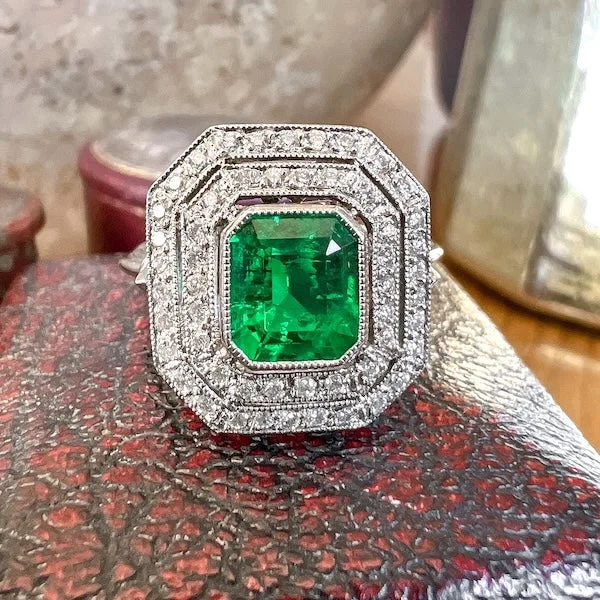 Rose flower ring-Art Deco Style Emerald & Diamond Ring, 1.05ct.