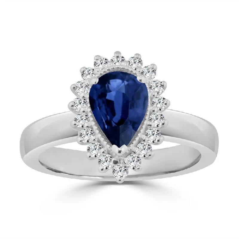 Celtic twist ring-Auriya 1 1/2ct Pear Shaped Blue Sapphire and 1/3ctw Halo Diamond Engagement Ring 14k Gold