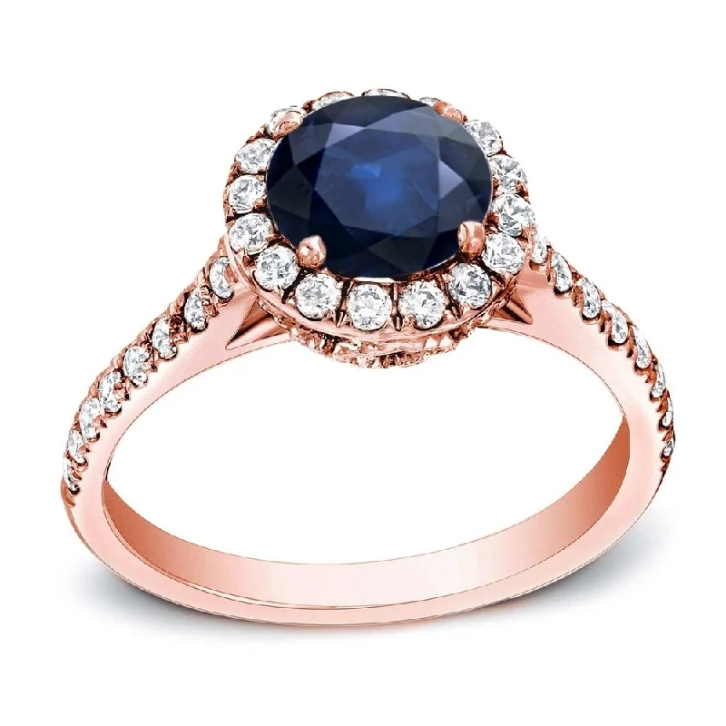 Root curl ring-Auriya 1 1/4ct Blue Sapphire and 1/2ctw Halo Diamond Engagement Ring 14K Gold (H-I, SI1-SI2)