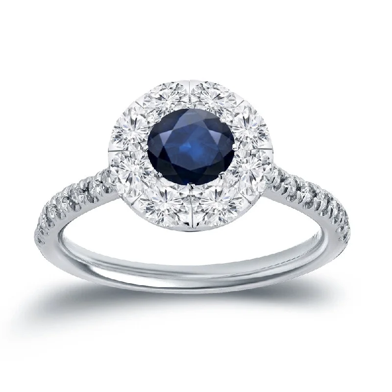 Reclaimed relic ring-Auriya 1/2ct Blue Sapphire and 4/5ctw Halo Diamond Engagement Ring 14k Gold