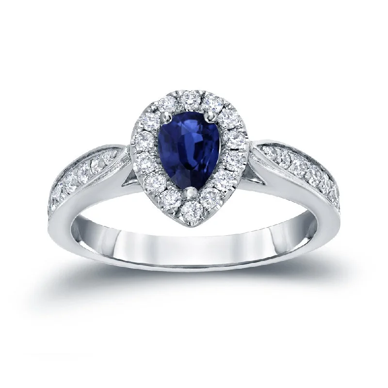 Grid mesh ring-Auriya 1/2ct Pear Shaped Blue Sapphire and 1/4ctw Halo Diamond Engagement Ring 14kt Gold (H-I, I1-I2)