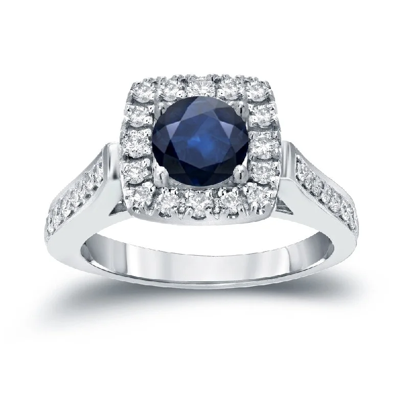 Pocked edge ring-Auriya 14k Gold 1/5ct Blue Sapphire and 1/2ctw Halo Diamond Engagement Ring