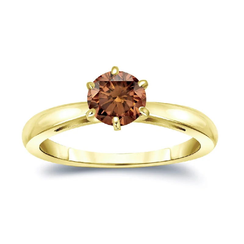 Plaid weave ring-Auriya 14k Gold 3/4ctw Solitaire Brown Diamond Engagement Ring 6-Prong