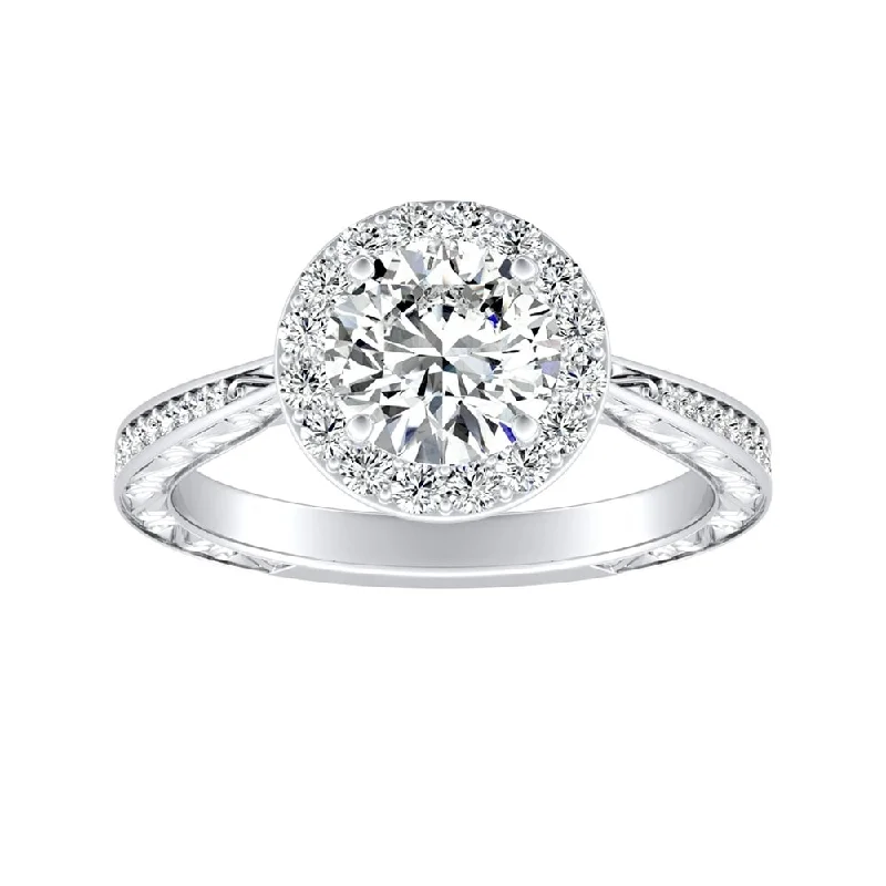 Crest ridge ring-Auriya 14k Gold Vintage 4ct Round Moissanite and 3/8ctw Halo Diamond Engagement Ring 14K