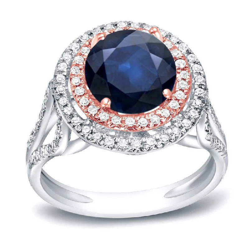 Micro shard ring-Auriya 14k Two-tone Gold 1 1/4ct Unique Blue Sapphire Halo Diamond Engagement Ring 1/2ctw