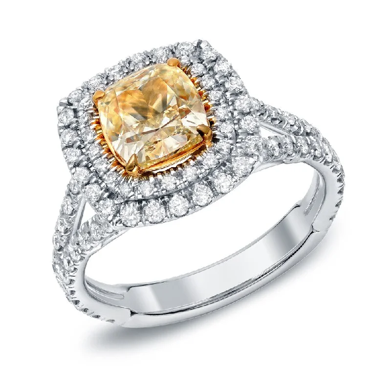 Rye stalk ring-Auriya 2 1/2ctw Fancy Yellow Cushion-cut Halo Diamond Engagement Ring 18k Gold Certified