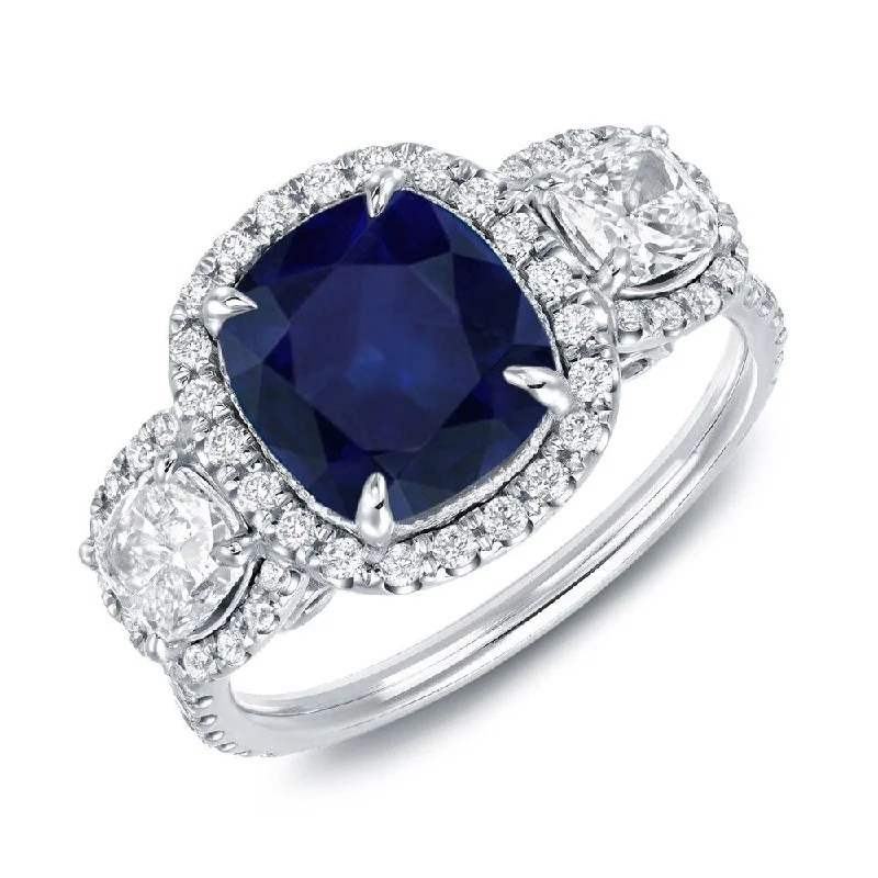 Pine husk ring-Auriya 3ct Cushion Cut Blue Sapphire and 1 2/5ctw Halo Diamond Engagement Ring 14k White Gold (H-I, SI1-SI2)