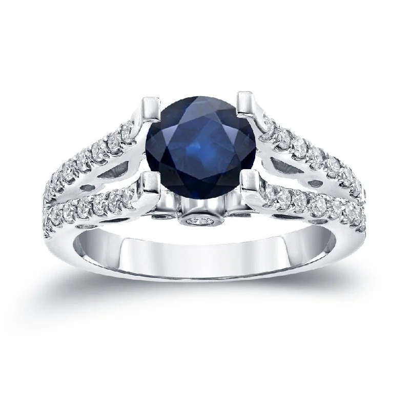 Raw gem ring-Auriya Modern 1ct Round Blue Sapphire and 1/2ctw Diamond Engagement Ring 14K Gold (H-I, SI1-SI2)