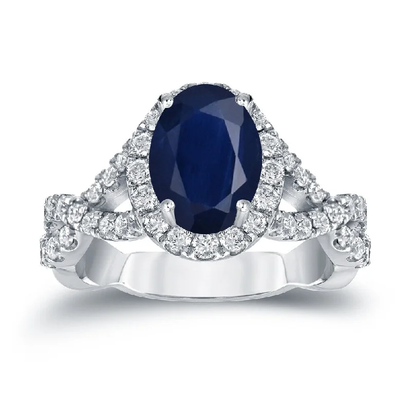 Folk artisan ring-Auriya Platinum 1 1/2ct Blue Sapphire Oval Halo Diamond Engagement Ring 3/5ctw