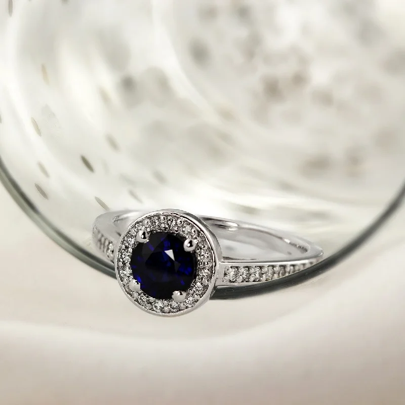 Indigo sodalite ring-Auriya Platinum 3/4ct Blue Sapphire Halo Diamond Engagement Ring 1/3cttw