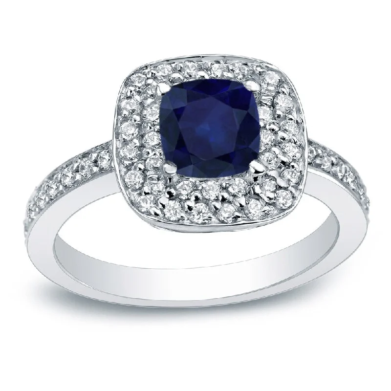 Pine husk ring-Auriya Platinum 3/4ct Cushion Blue Sapphire and 3/4ctw Halo Diamond Engagement Ring