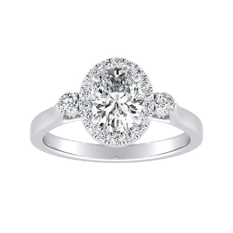 Pocked edge ring-Auriya Platinum 3/4ctw Oval 3-stone Halo Diamond Engagement Ring