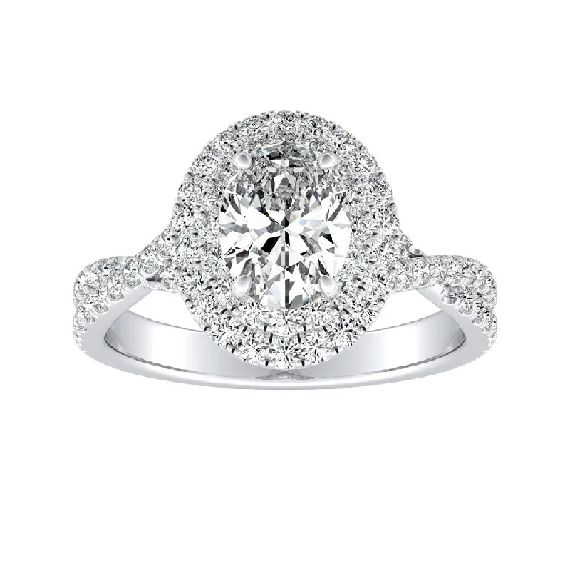 Tribal glyph ring-Auriya Platinum Twisted Oval Shape 1ctw Double Halo Diamond Engagement Ring (H-I, SI1-SI2)