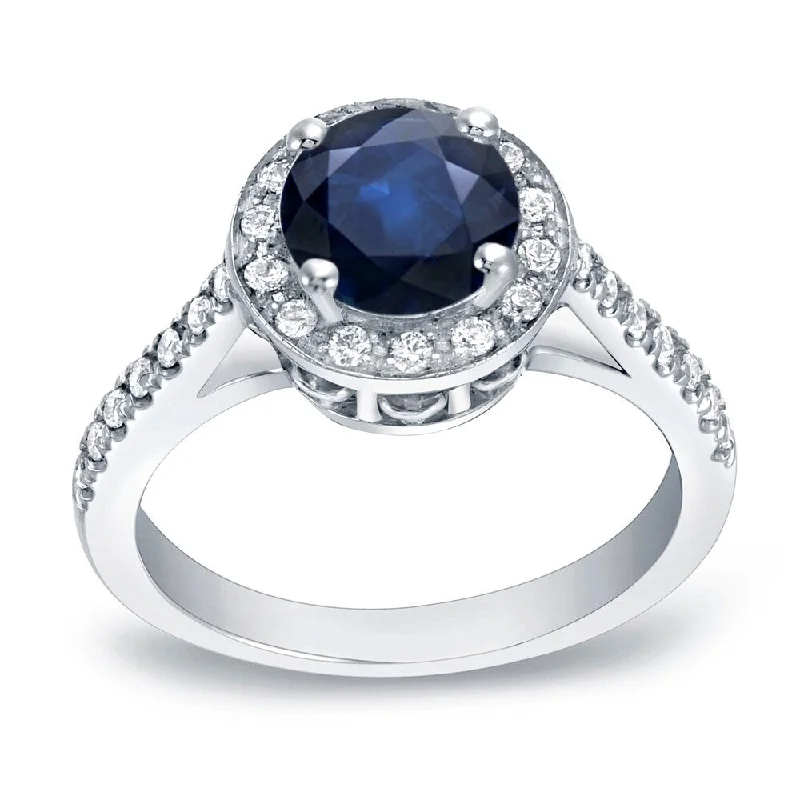 Fluid stripe ring-Auriya Round 1 1/4ct Blue Sapphire and 1/3ctw Halo Diamond Engagement Ring 14K Gold