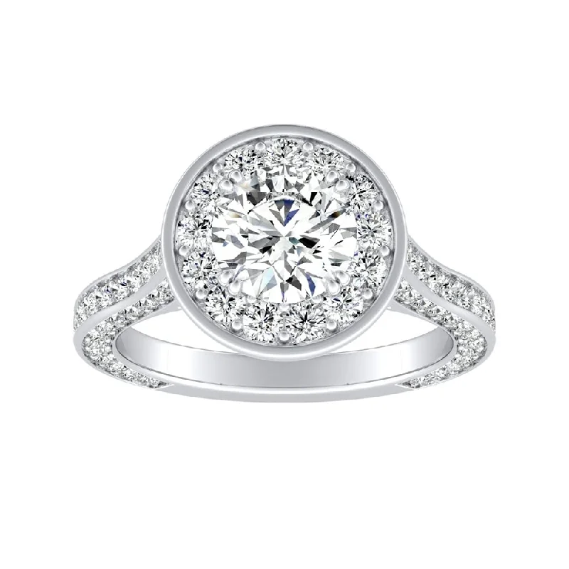 Wavy edge ring-Auriya Round 1ct Moissanite and 1 1/4ctw Diamond Halo Engagement Ring 14K Gold