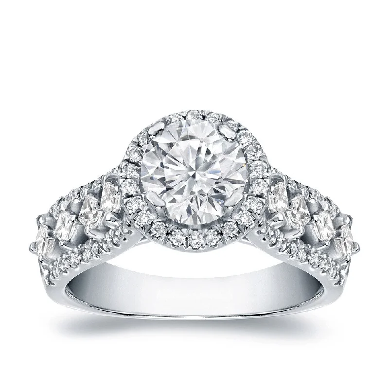 Sunken ridge ring-Auriya Unique 1 1/2ctw Round Halo Diamond Engagement Ring Platinum Certified (H-I, SI1-SI2)