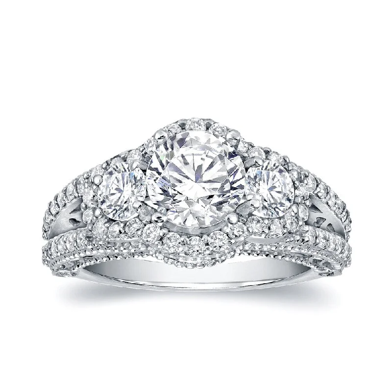 Iron cast ring-Auriya Vintage Inspired 2 1/5ct TDW 3-Stone Diamond Halo Engagement Ring 14k White Gold (H-I, SI1-SI2)