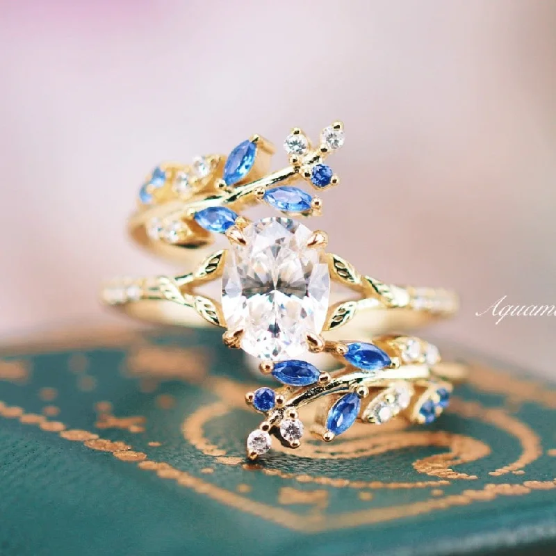 Seven-knot ring-Blue Sapphire & Moissanite/Diamond Leaf Engagement Ring Set- 14K Solid Yellow Gold